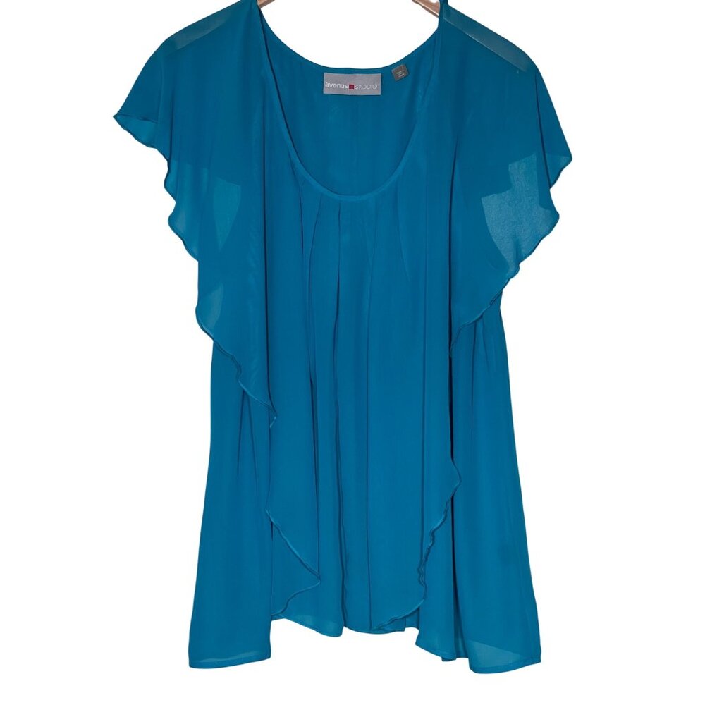 Avenue Studio Turquoise Ruffle Layered Sheer Blouse 22/24 Lightweight Elegant